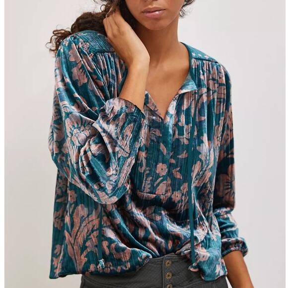 Anthropologie Faustine Velvet Peasant Top Womens Size Small Floral Oversized - Picture 1 of 12